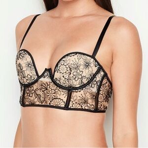 Victoria Secret Bra VERY SEXY Floral Embroidered Pushup Bustier Size 34 D
